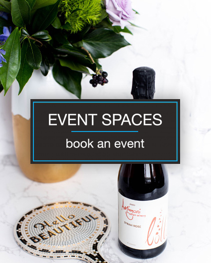 Event Spaces - Book an Event Event Spaces - Book an Event - black box with white text and a bottle of wine in the backgroud with a plant