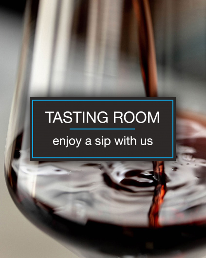 Tasting room - enjoy a sip with us Tasting room - enjoy a sip with us in a black box with white text and a glass of wine in background